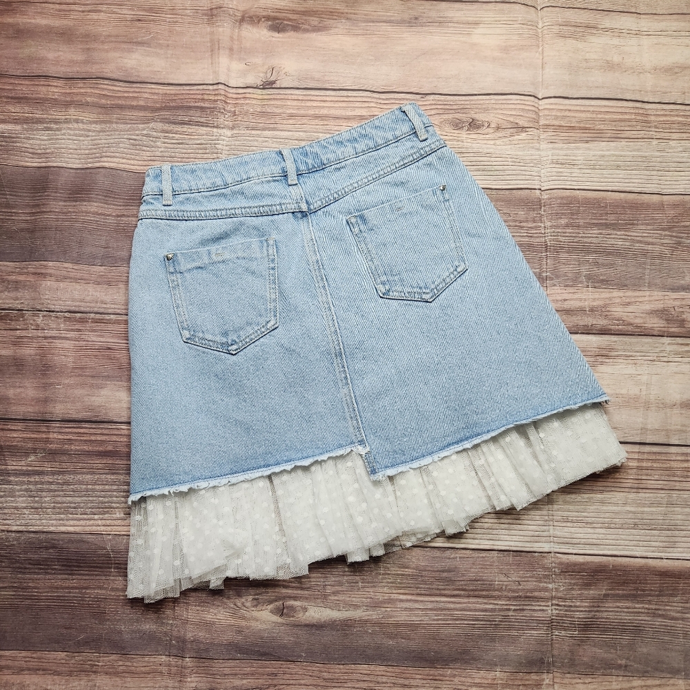 Ochirly Asymetrical Denim Lace Pearl Beaded Jean Skirt - Picture 7 of 12
